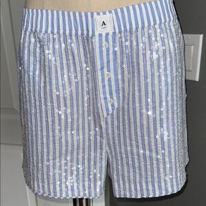 Blue and White Striped Sequin Boxer Shorts Medium Pockets Elastics Waist Pajamas